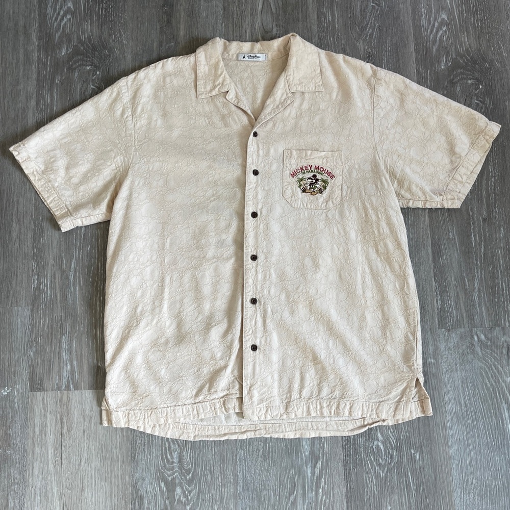 Disney Parks Shirt Mens Medium Beige Mickey Mouse in Paradise Button Up Hawaiian